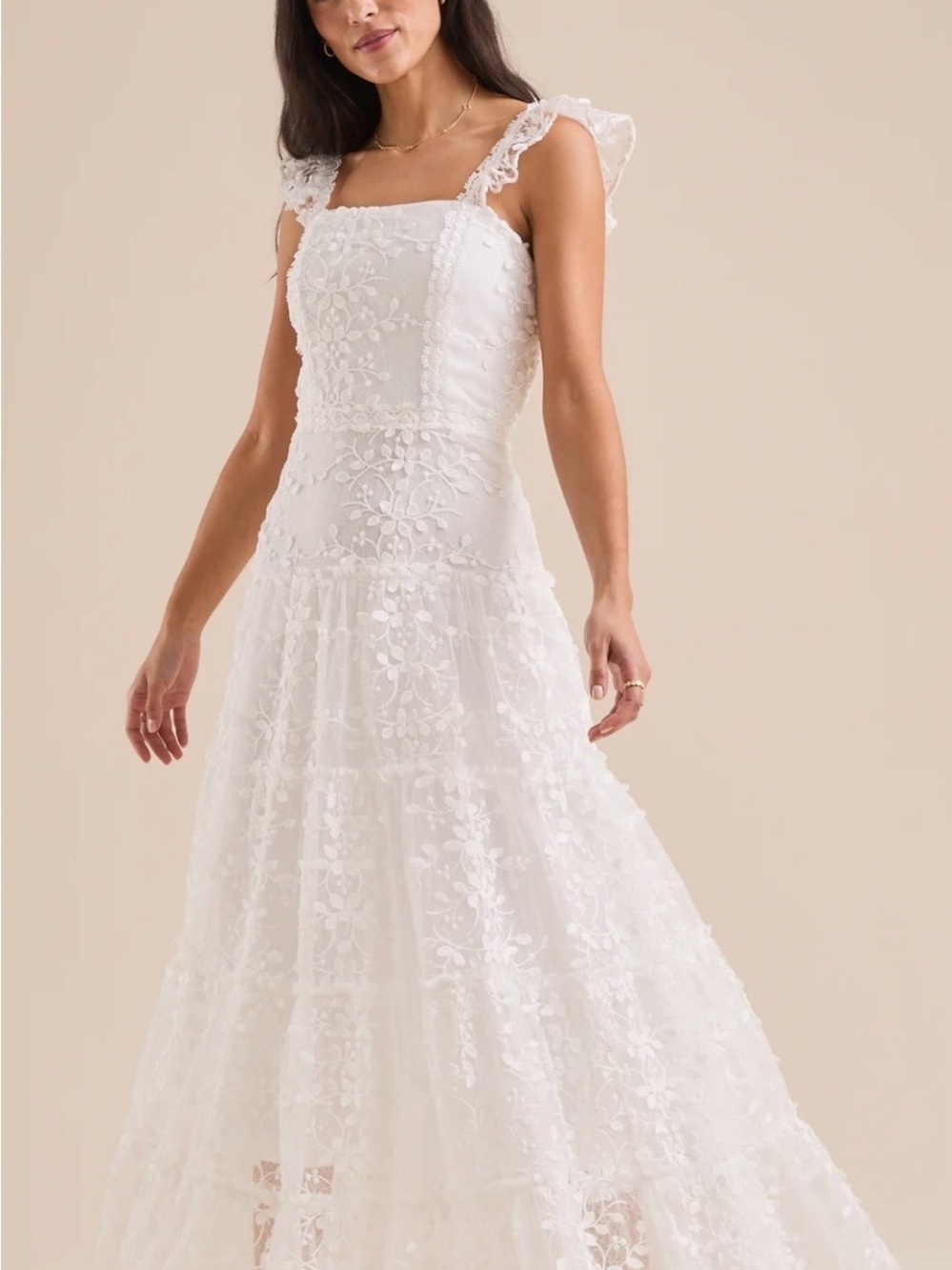 Altar'd State White Floral Lace Maxi Dress with Ruffle Straps